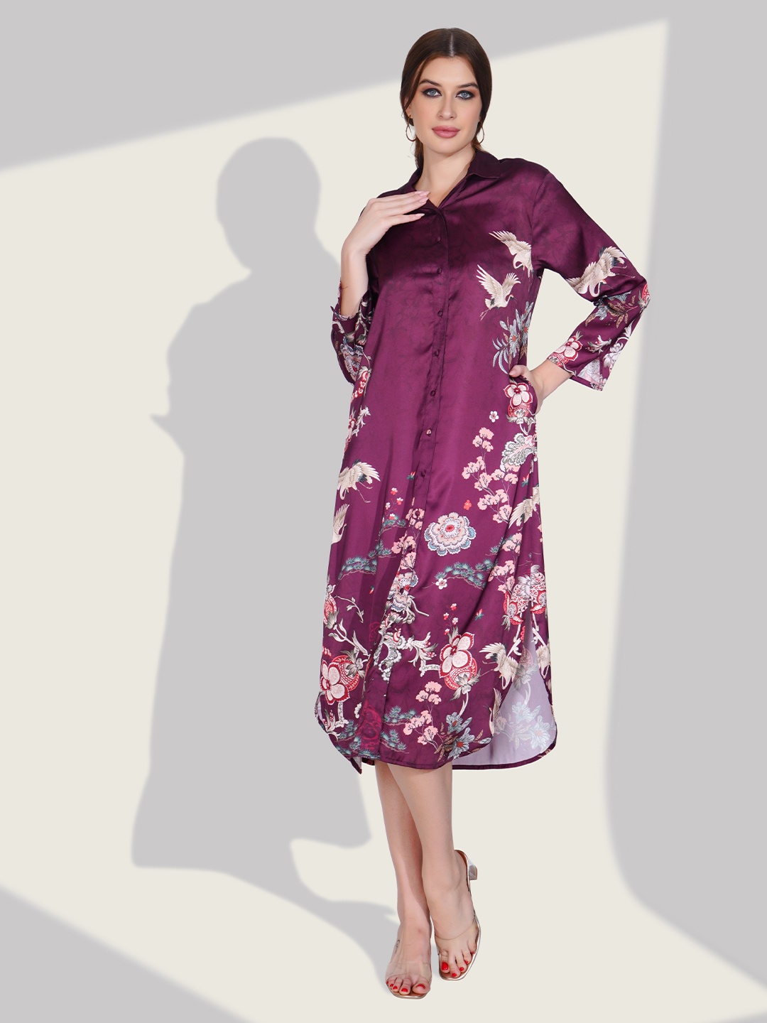 

Dora Dori Women Floral Printed Slit Sleeve Satin Shirt Midi Dress, Purple