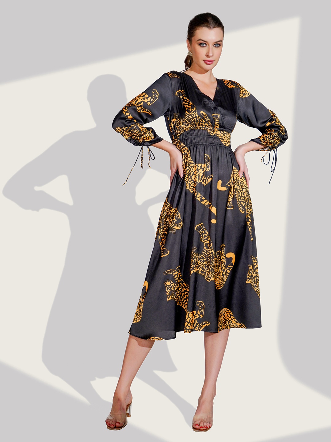 

Dora Dori Women Animal Printed Satin Fit and Flare Midi Dress, Black