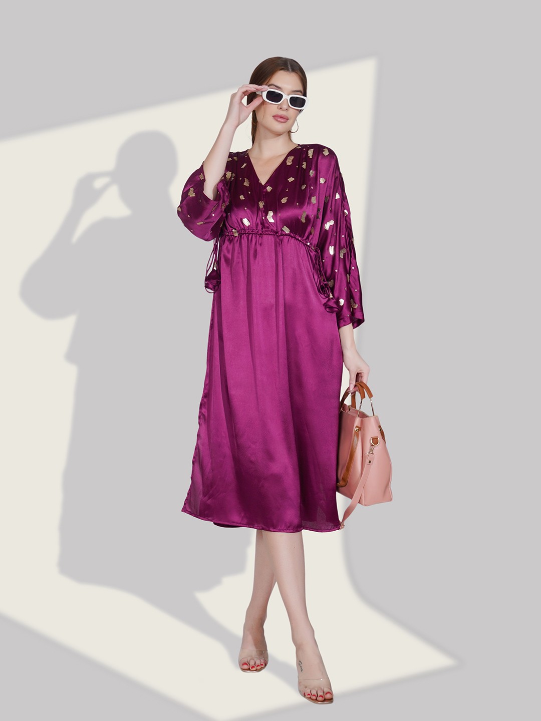 

Dora Dori Solid Kimono Sleeve Satin Kaftan Midi Dress, Purple
