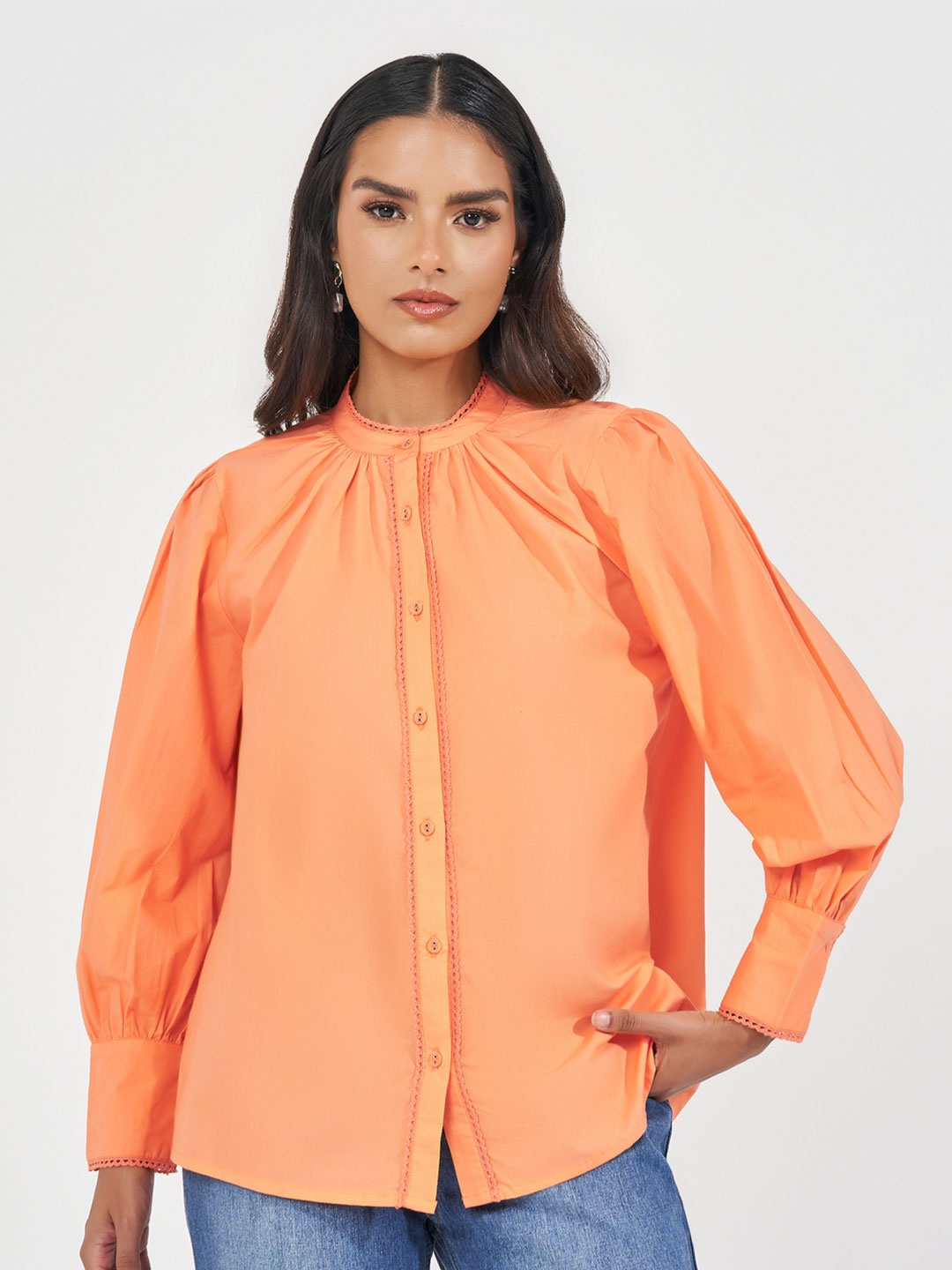 

Styli Women Lace Detail Collar Oversized Shirt, Orange