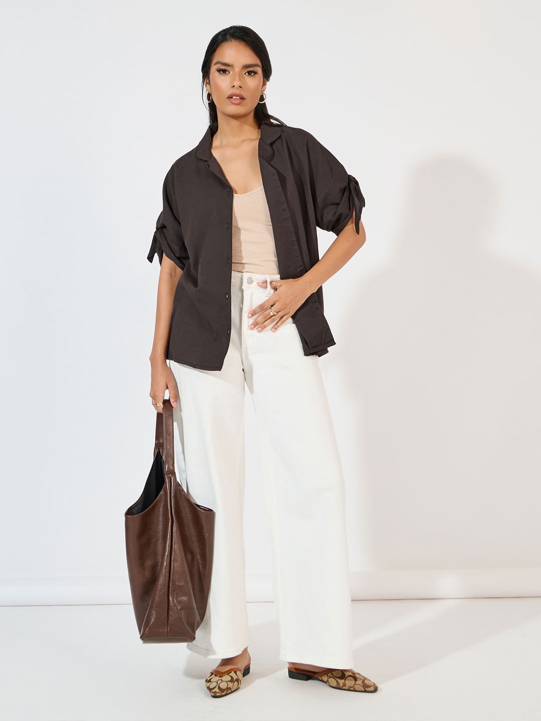

Styli Women Lapel Collar And Tie Up Detailed Sleeves Oversized Shirt, Brown
