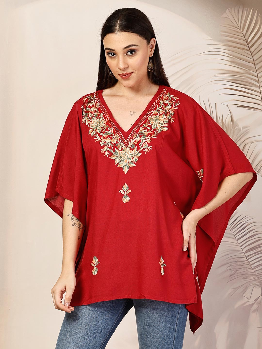 

Qazmi Hannah V-Neck Flared Sleeves Aari Work Kaftan Kurti, Red