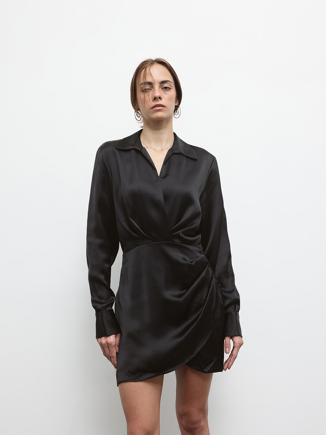 

ZARA Satin-Finish Wrap-Style Dress, Black