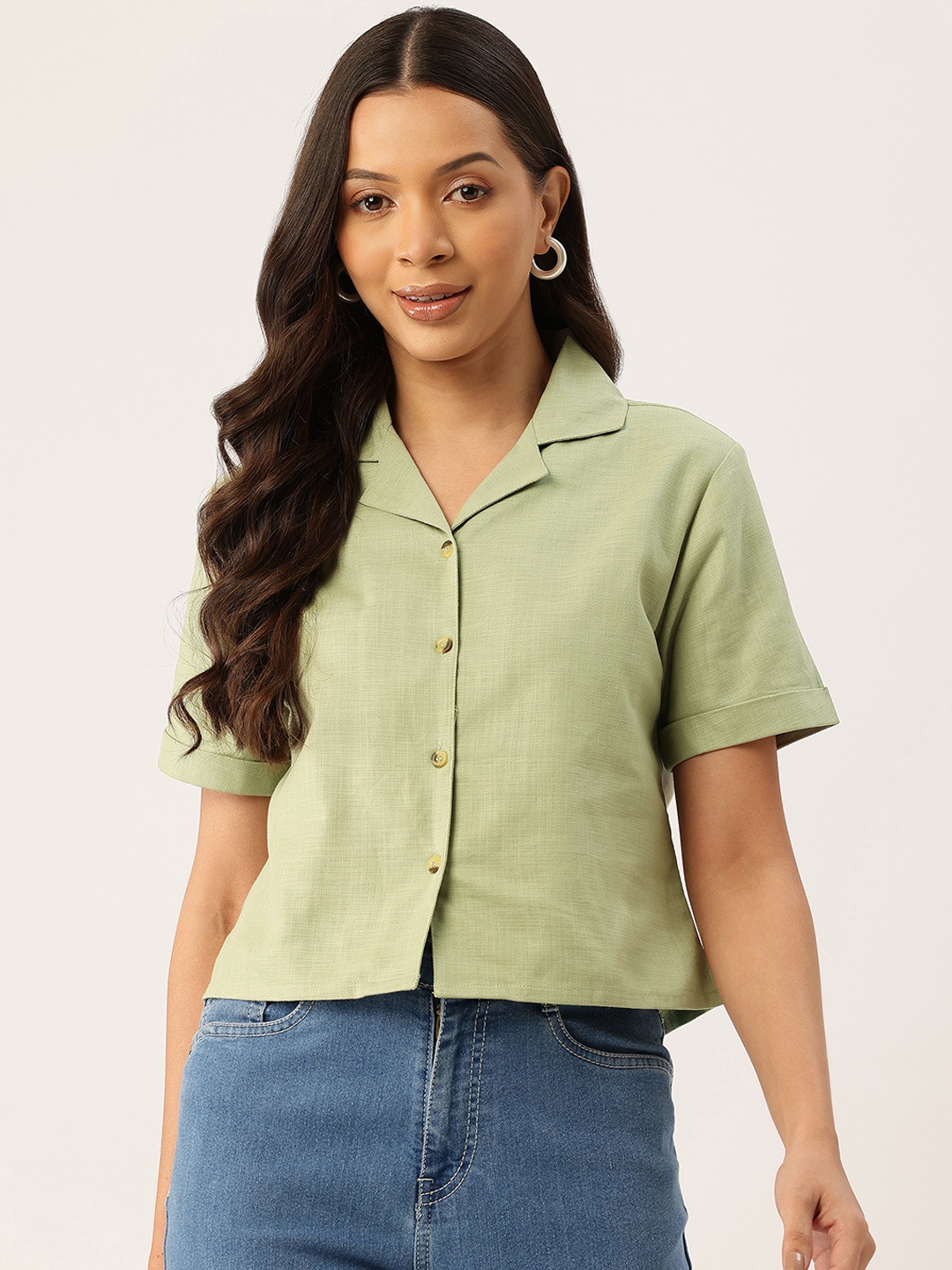 

LABEL REGALIA Women Cropped Casual Shirt, Green