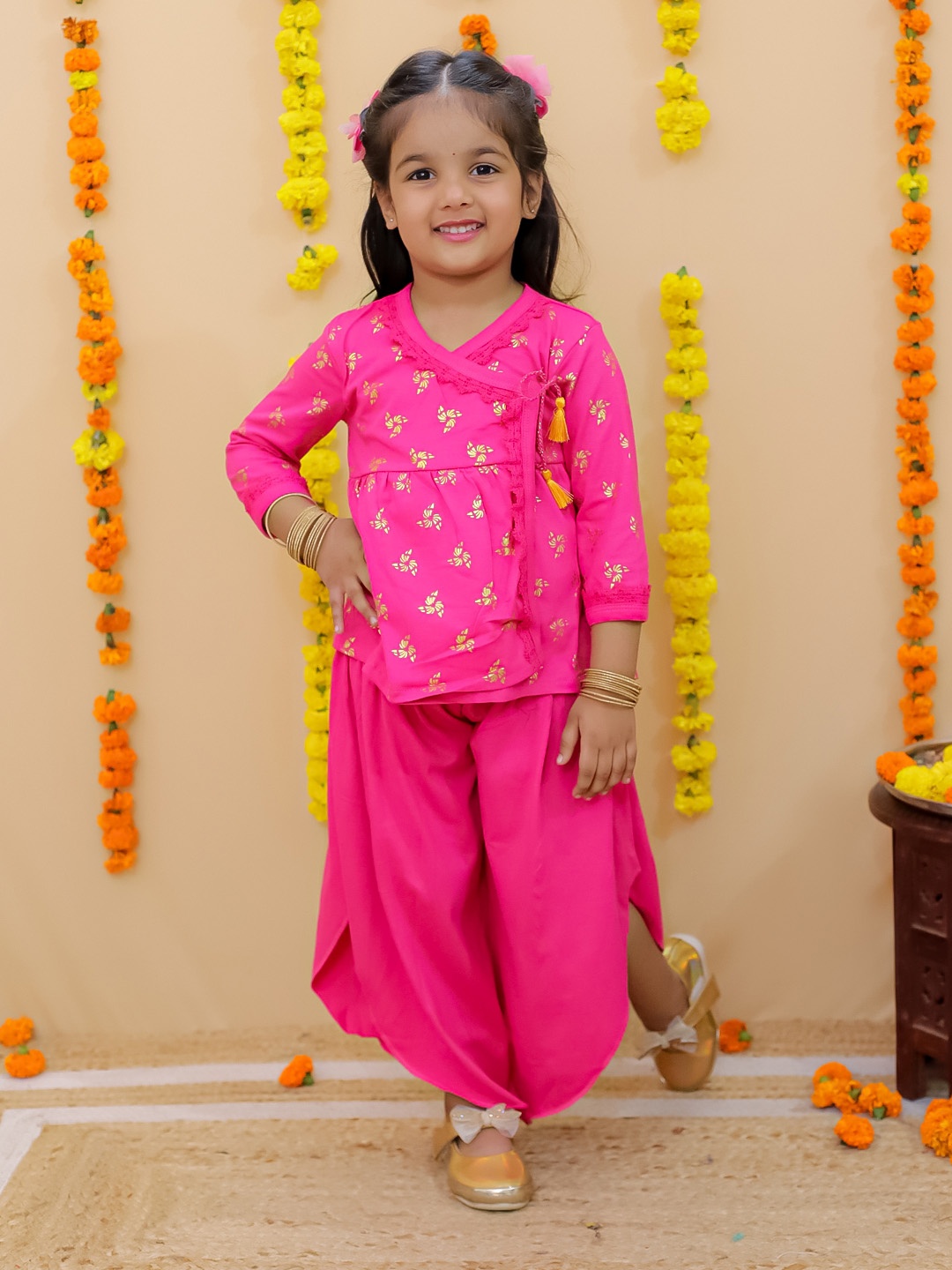 

JUNITOS Girls Floral Printed Pure Cotton Kurti With Dhoti Pants, Pink