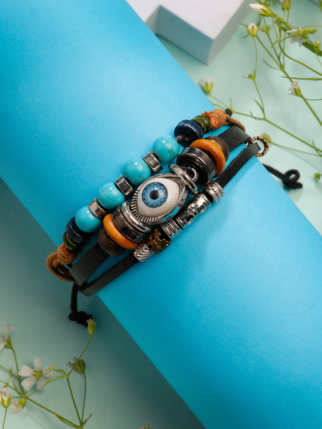 

NVR Men Leather Evil Eye Beaded Multistrand Bracelet, Black