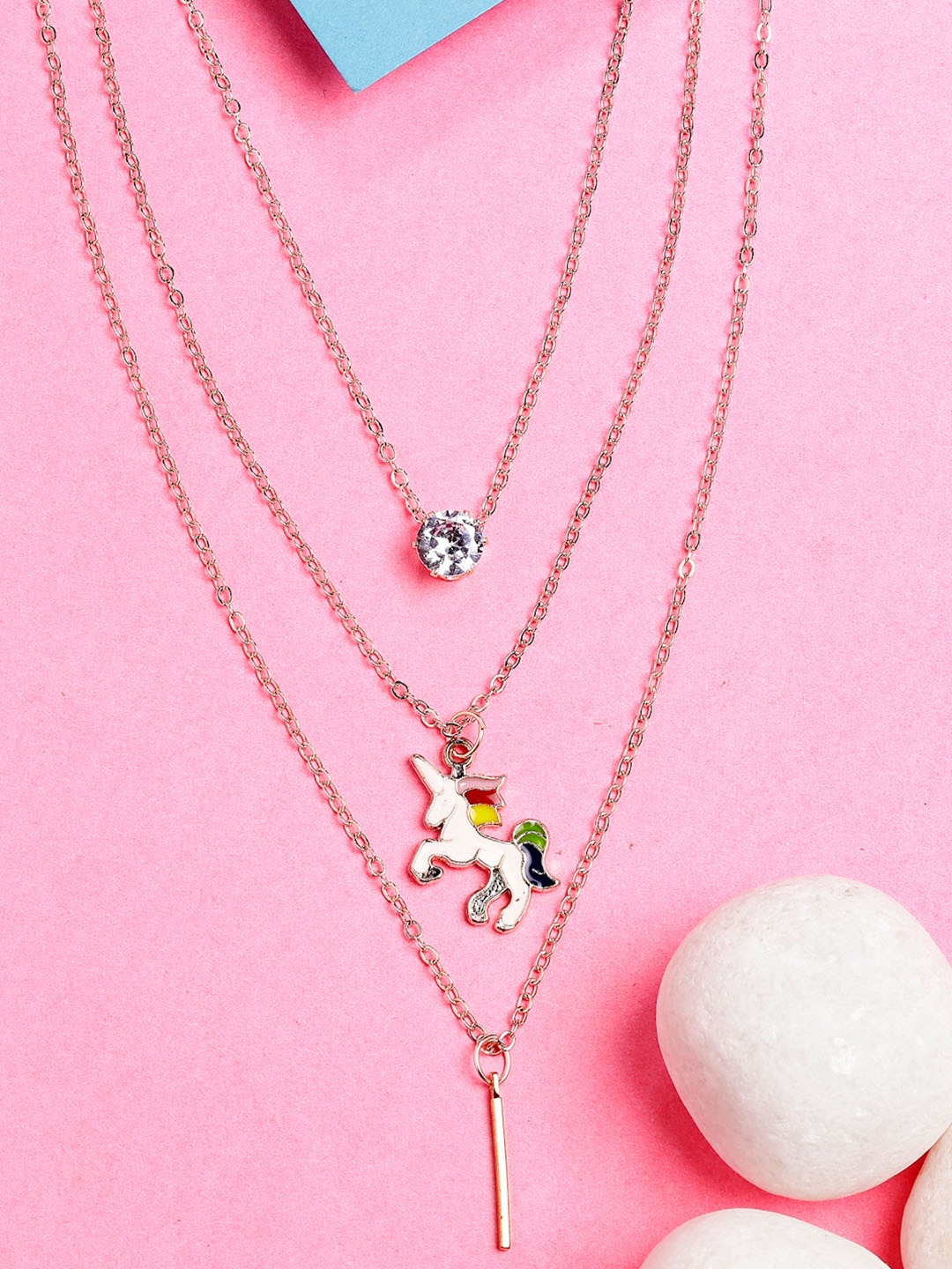 

NVR Rose Gold-Plated Stone Studded Unicorn Layered Chain
