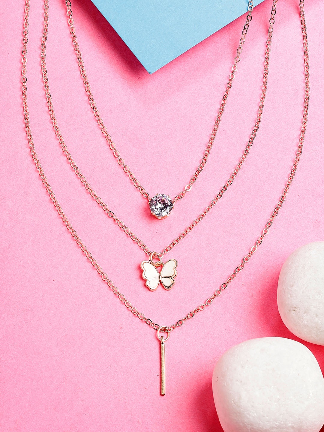 

NVR Rose Gold-Plated Stone Studded Butterfly Shaped Layered Chain