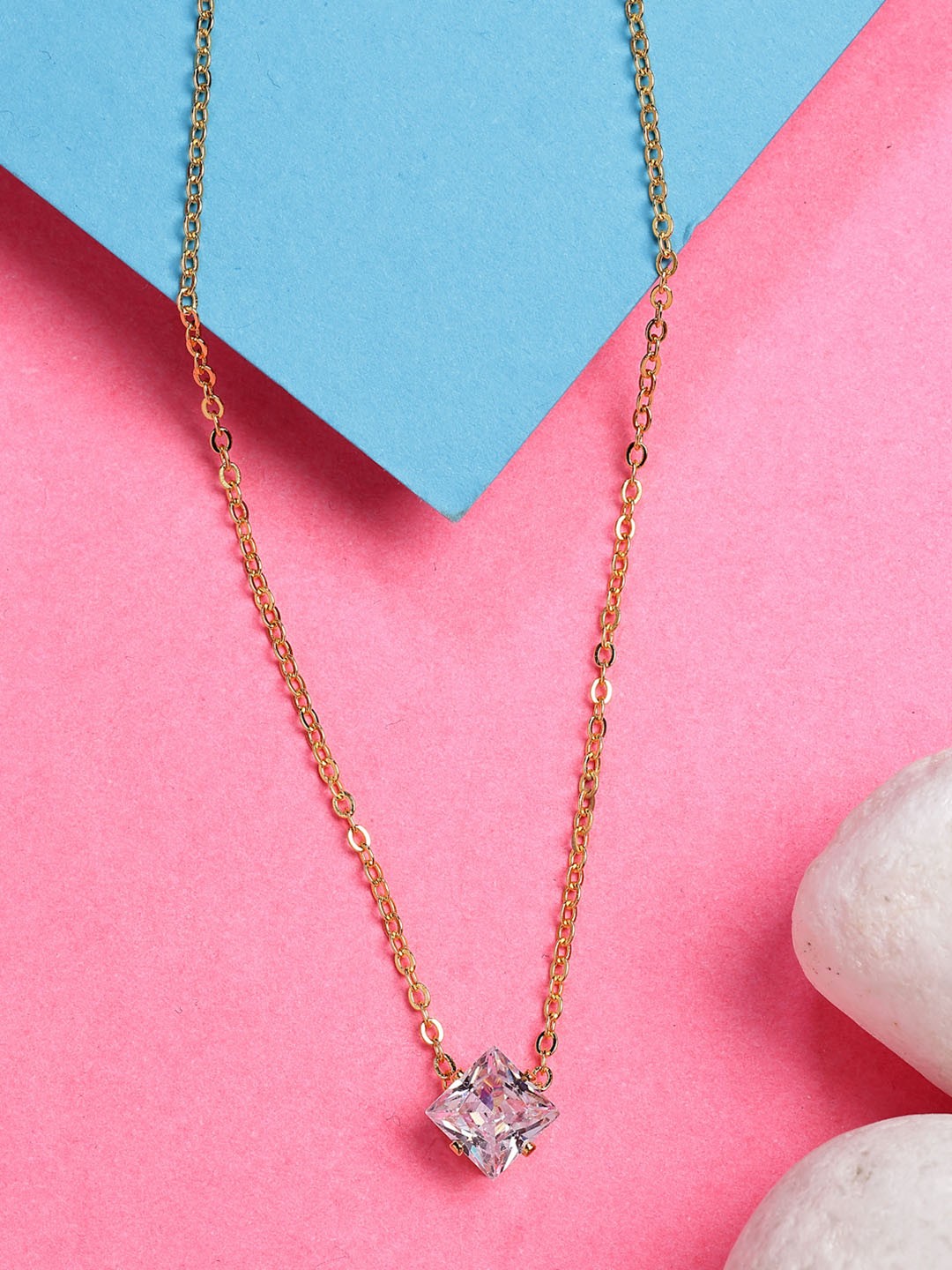 

NVR Gold-Plated Stone Studded Square Shaped Pendant with Chain