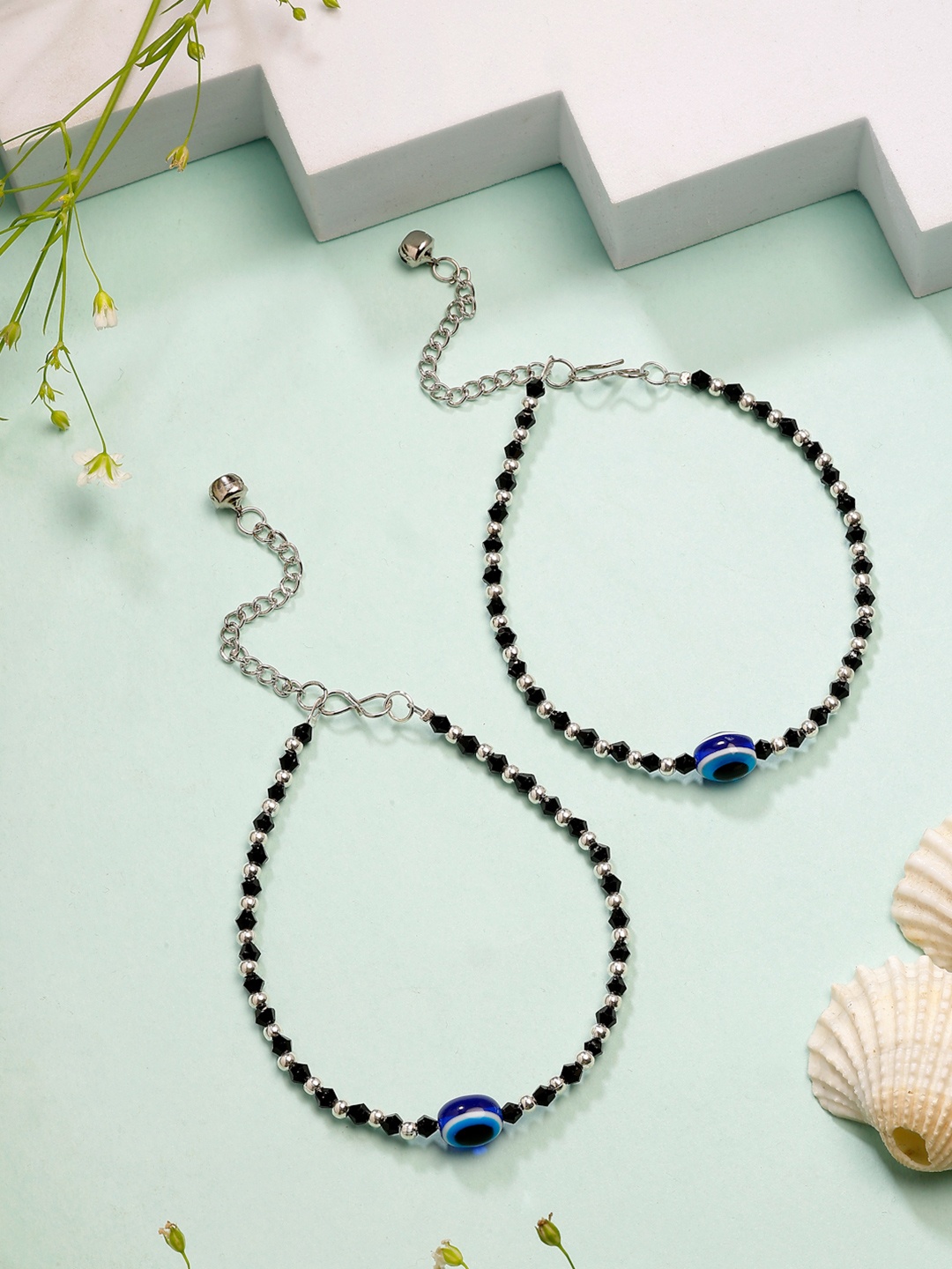 

NVR Silver-Plated Evil Eye Beaded Anklet