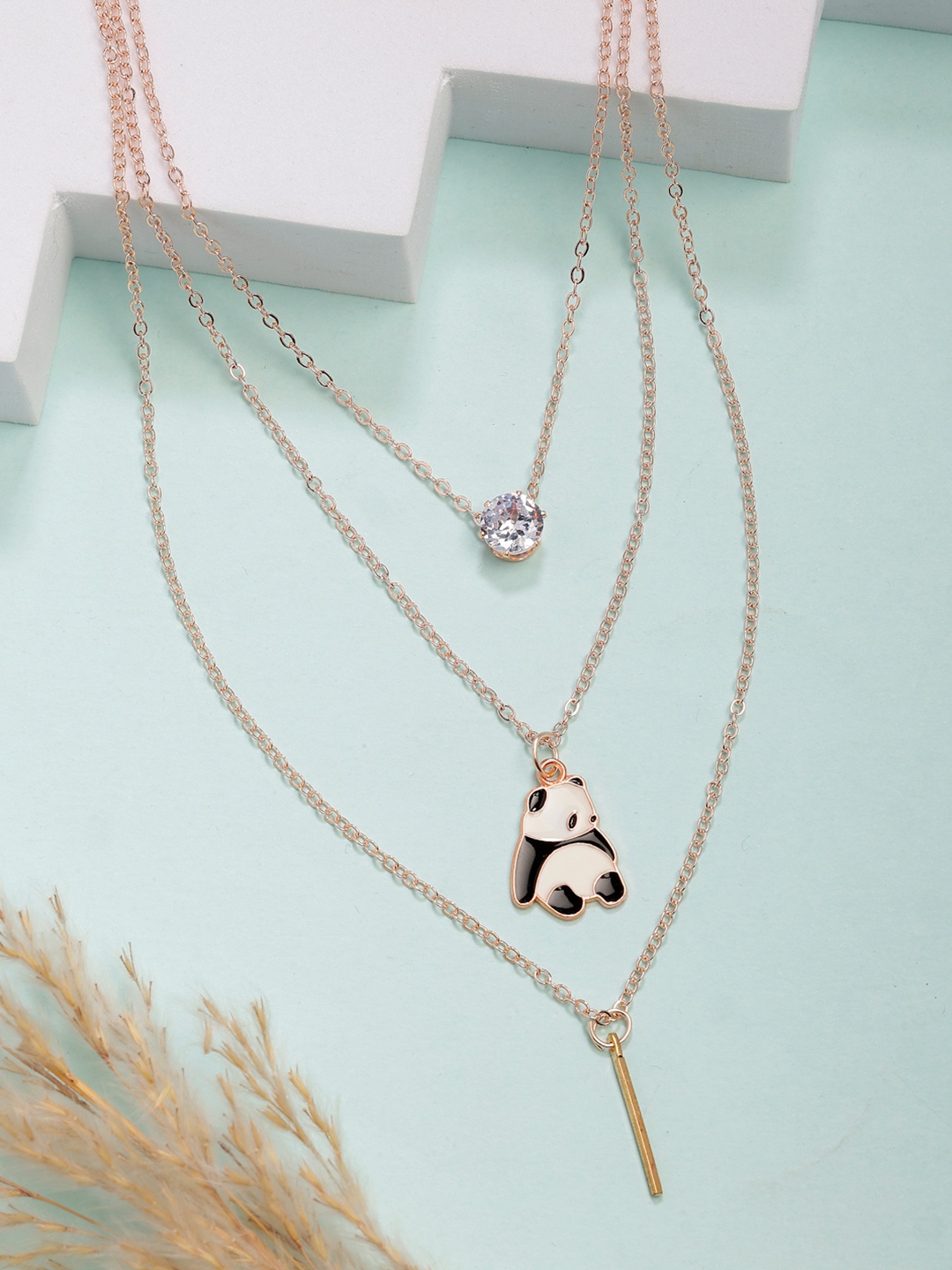 

NVR Rose Gold-Plated Stone Studded Panda Layered Chain
