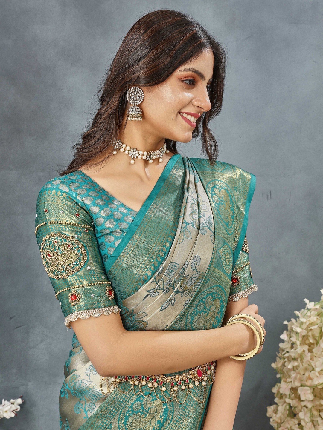 

Tankori Floral Woven Design Pure Silk Dharmavaram Saree, Green