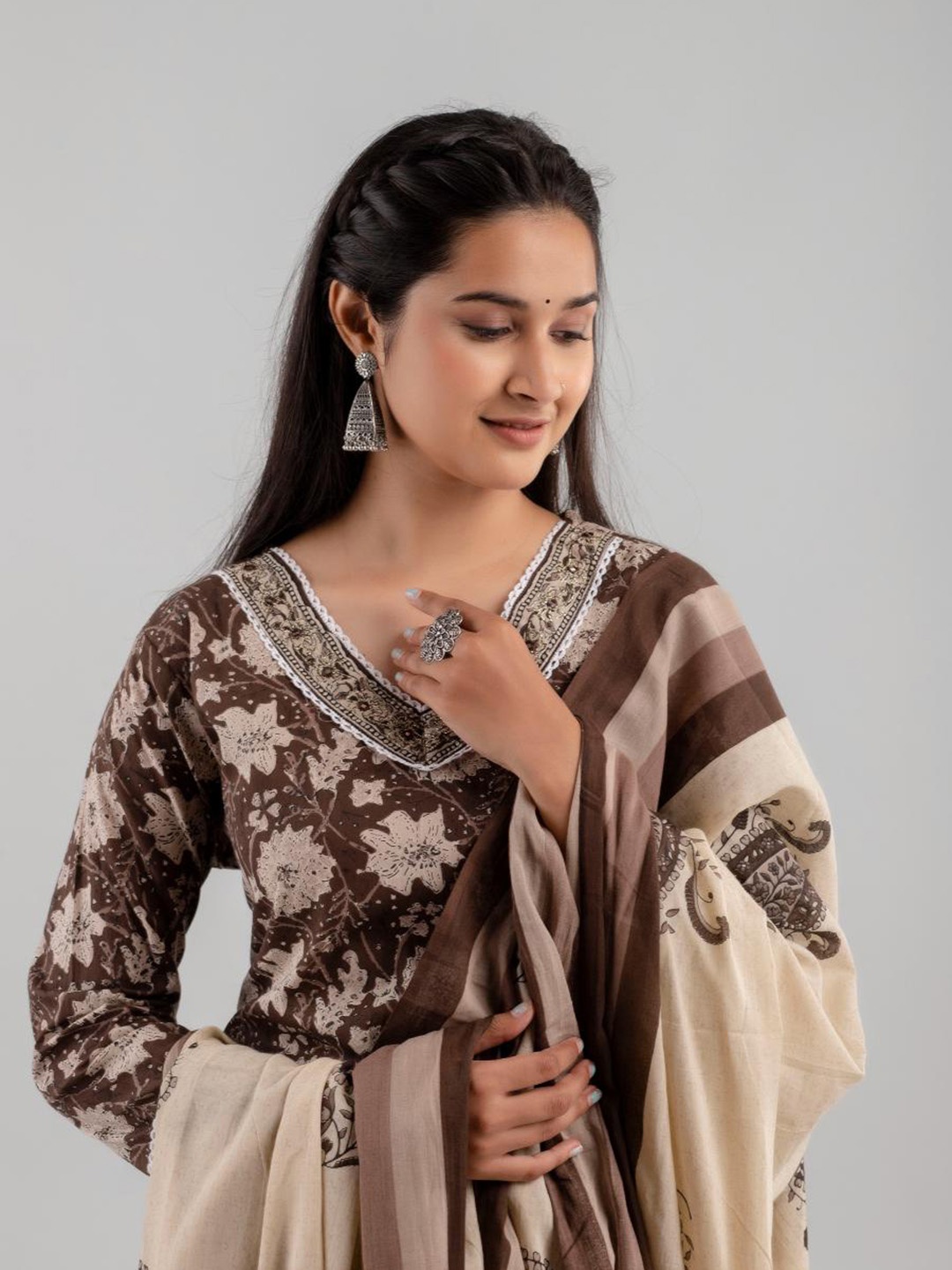 

Jasoriya Floral Printed Pure Cotton A-Line Kurta With Salwar & Dupatta, Brown
