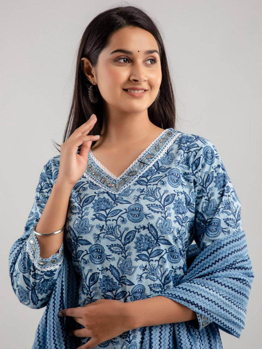 

Jasoriya Floral Printed Mirror Work Pure Cotton Straight Kurta with Trousers & Dupatta, Blue