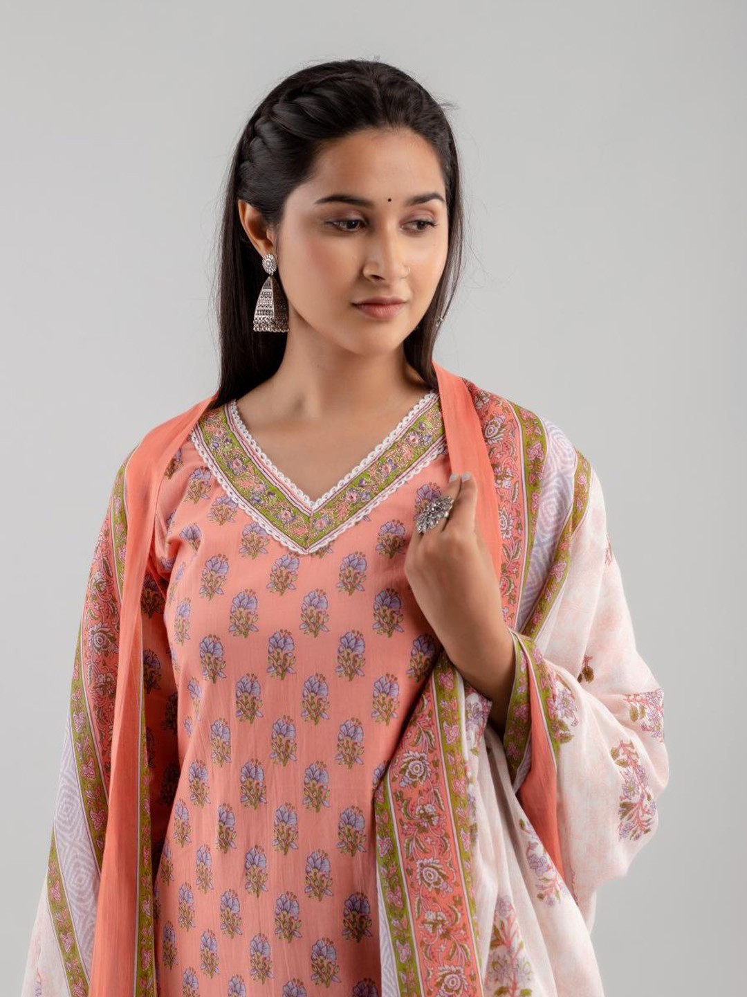 

Jasoriya Floral Printed Mirror Work Pure Cotton Straight Kurta with Trousers & Dupatta, Orange