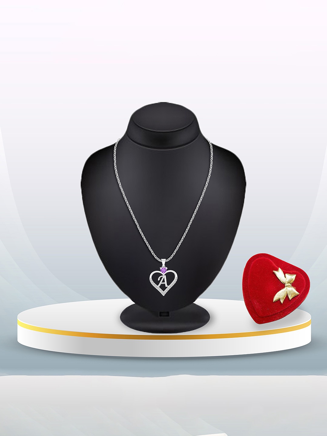 

Heer Collection Silver-Plated CZ Studded Alphabet 'A' Heart Shaped Pendant & Chain