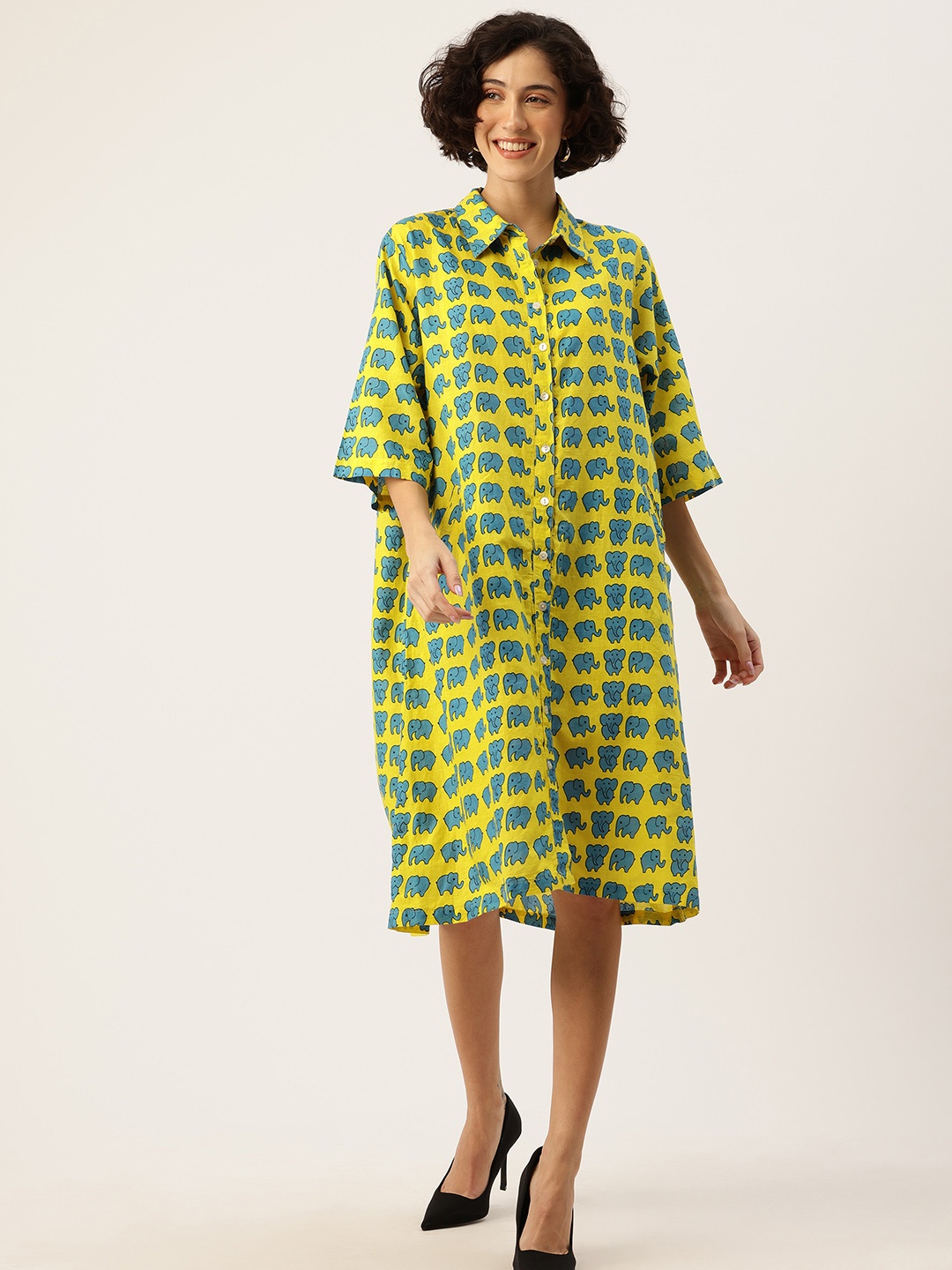 

Safeera Print Flared Sleeves Shirt Dress, Yellow