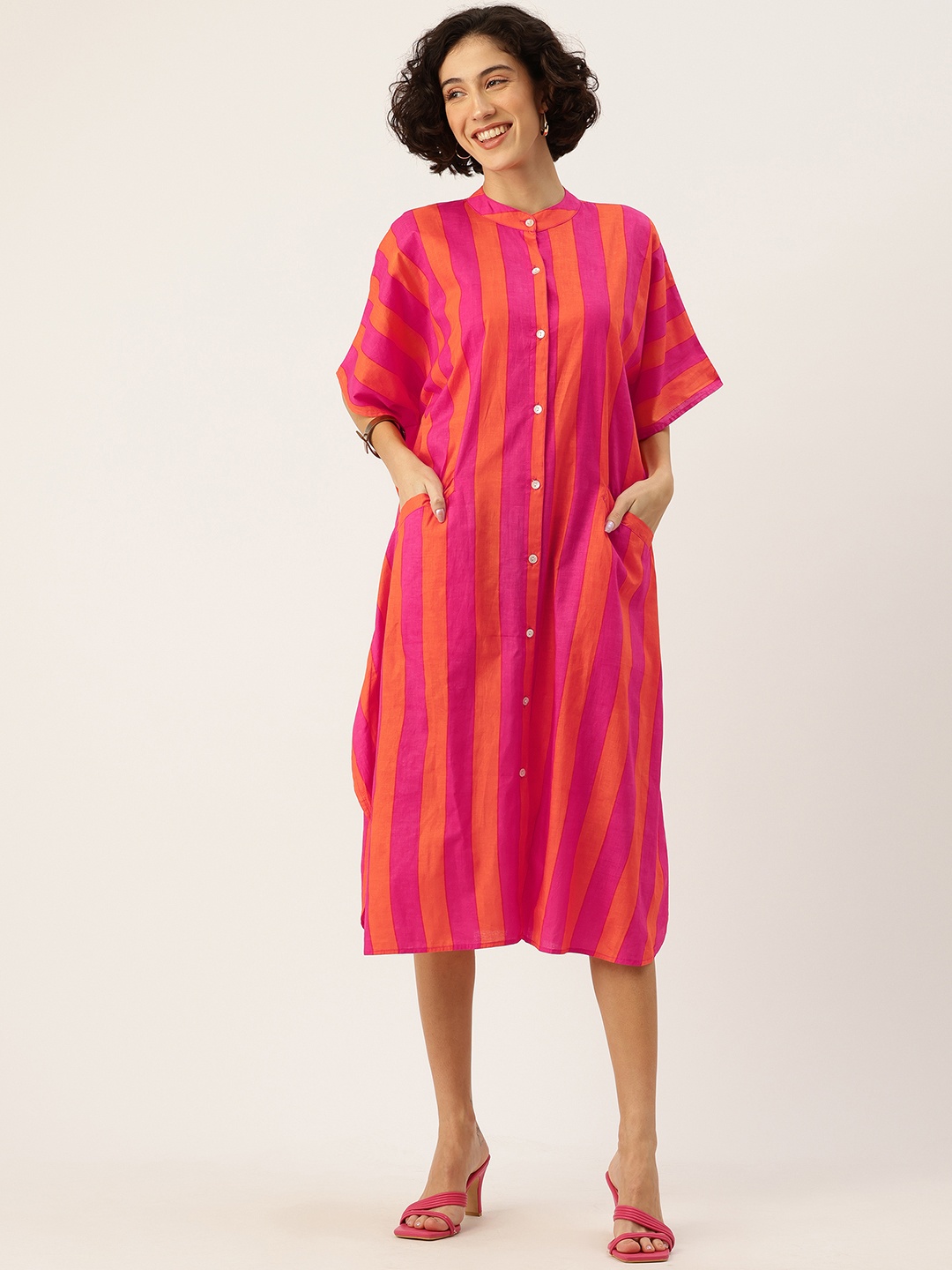 

Safeera Striped Kimono Sleeves Mandarin Collar Kaftan Dress, Orange