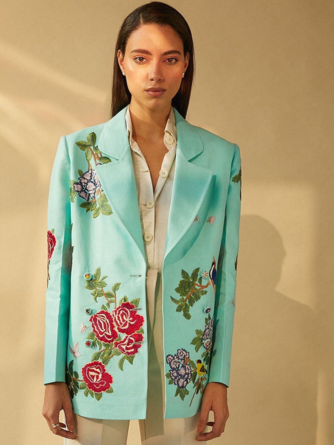 

BETRUE Women Embroidered Linen Open Front Jacket, Blue
