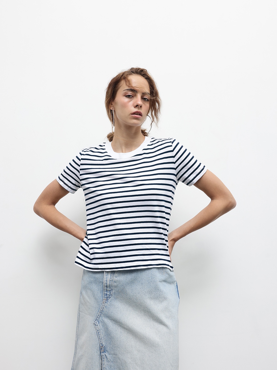 

ZARA Pure Cotton Striped Round Neck T-shirt, White