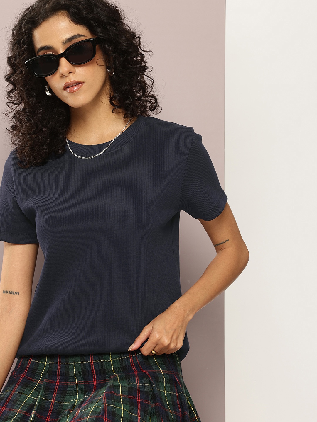 

Kook N Keech Women Solid Ribbed T-shirt, Navy blue