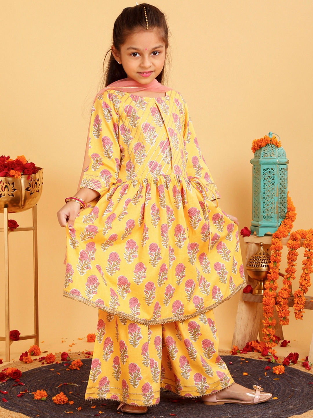 

YK X Trampoline Girls Floral Printed Empire Pure Cotton Kurta With Sharara & Dupatta, Yellow