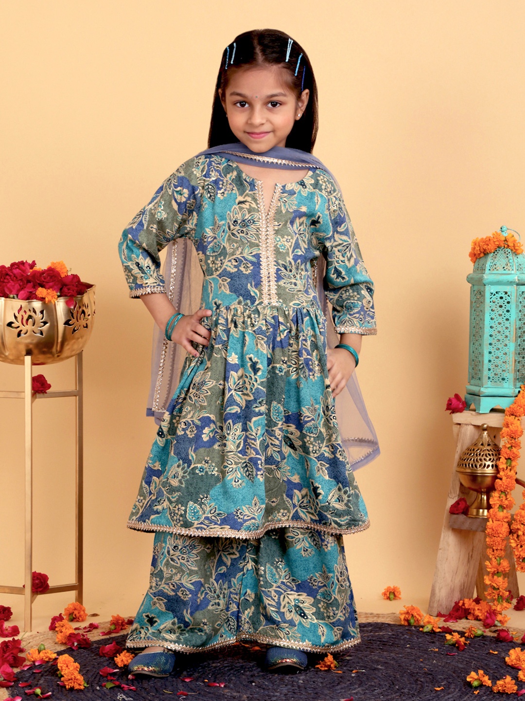 

YK X Trampoline Girls Floral Printed Gotta Patti Pure Cotton Kurta With Palazzos & Dupatta, Blue