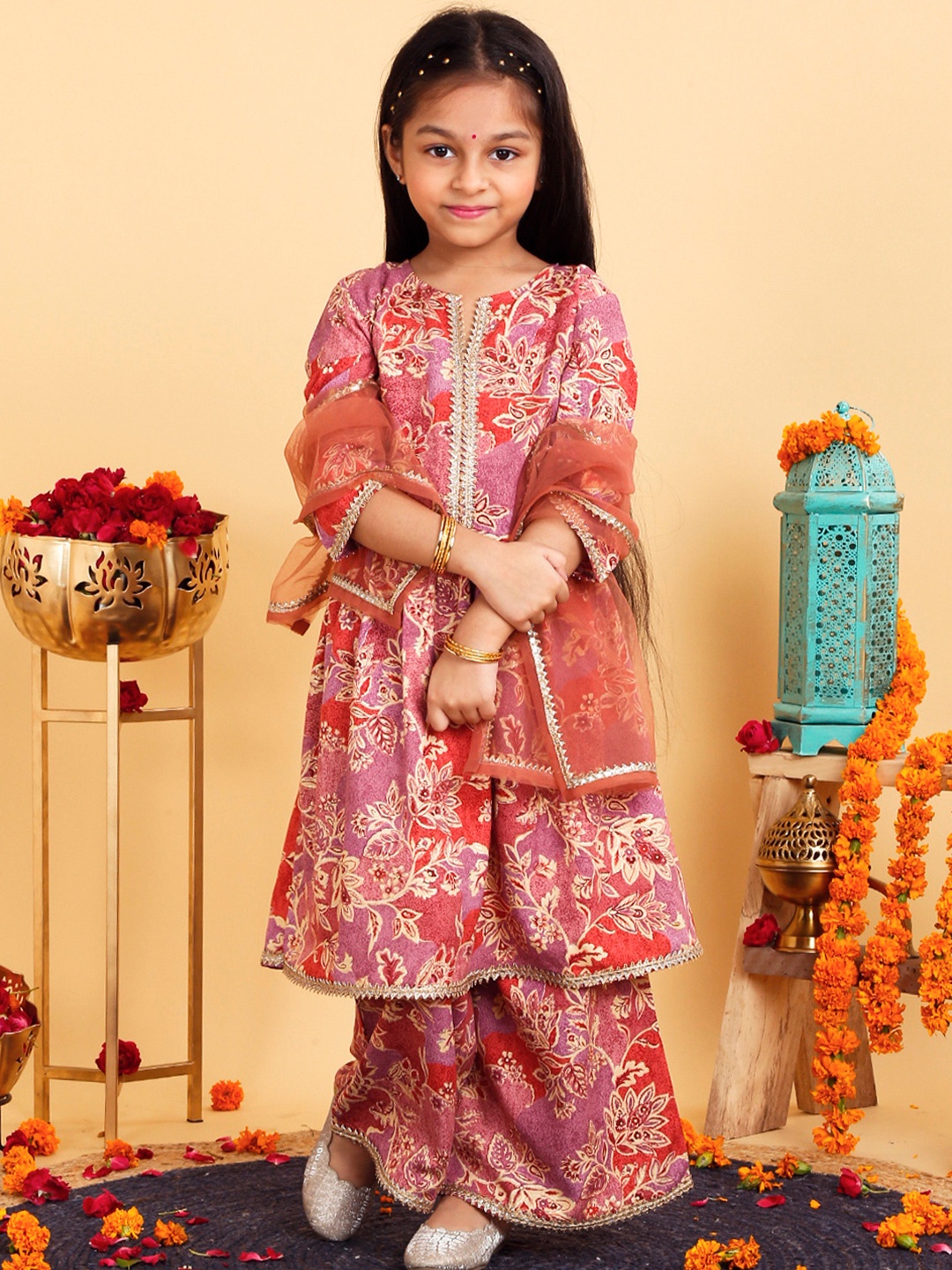 

YK X Trampoline Girls Floral Printed Gotta Patti Pure Cotton Kurta With Palazzos & Dupatta, Pink