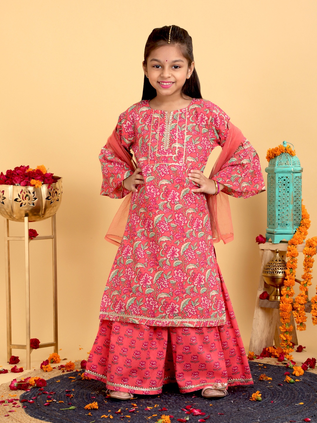 

YK X Trampoline Girls Floral Printed Gotta Patti Pure Cotton Kurta With Sharara & Dupatta, Pink