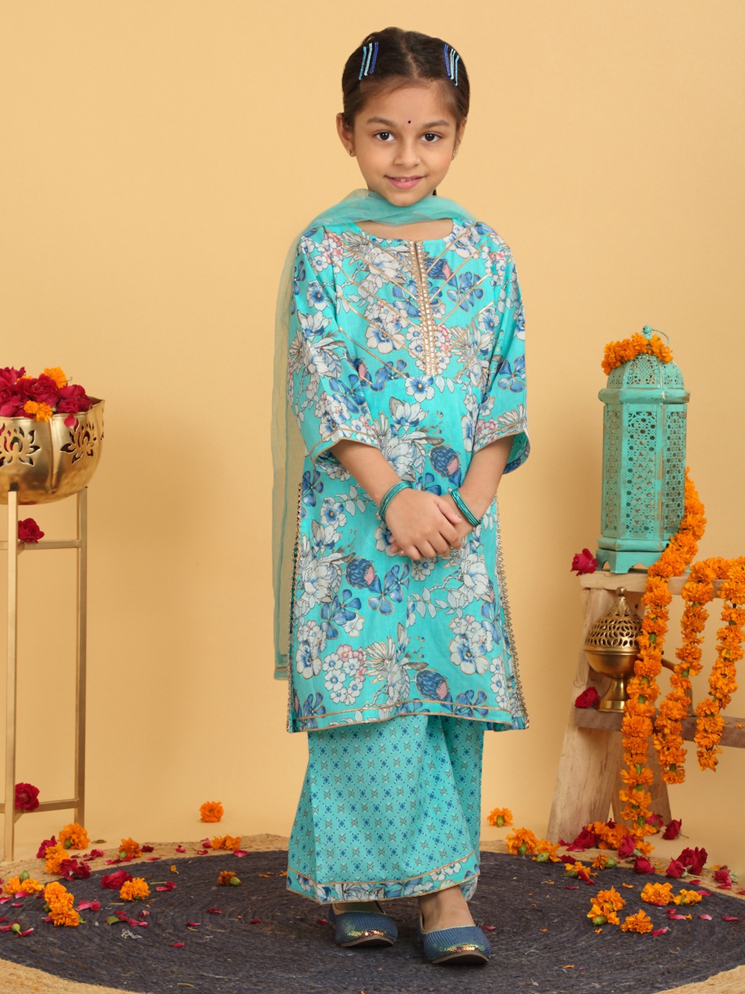 

YK X Trampoline Girls Floral Printed Gotta Patti Pure Cotton Kurta With Palazzos & Dupatta, Blue