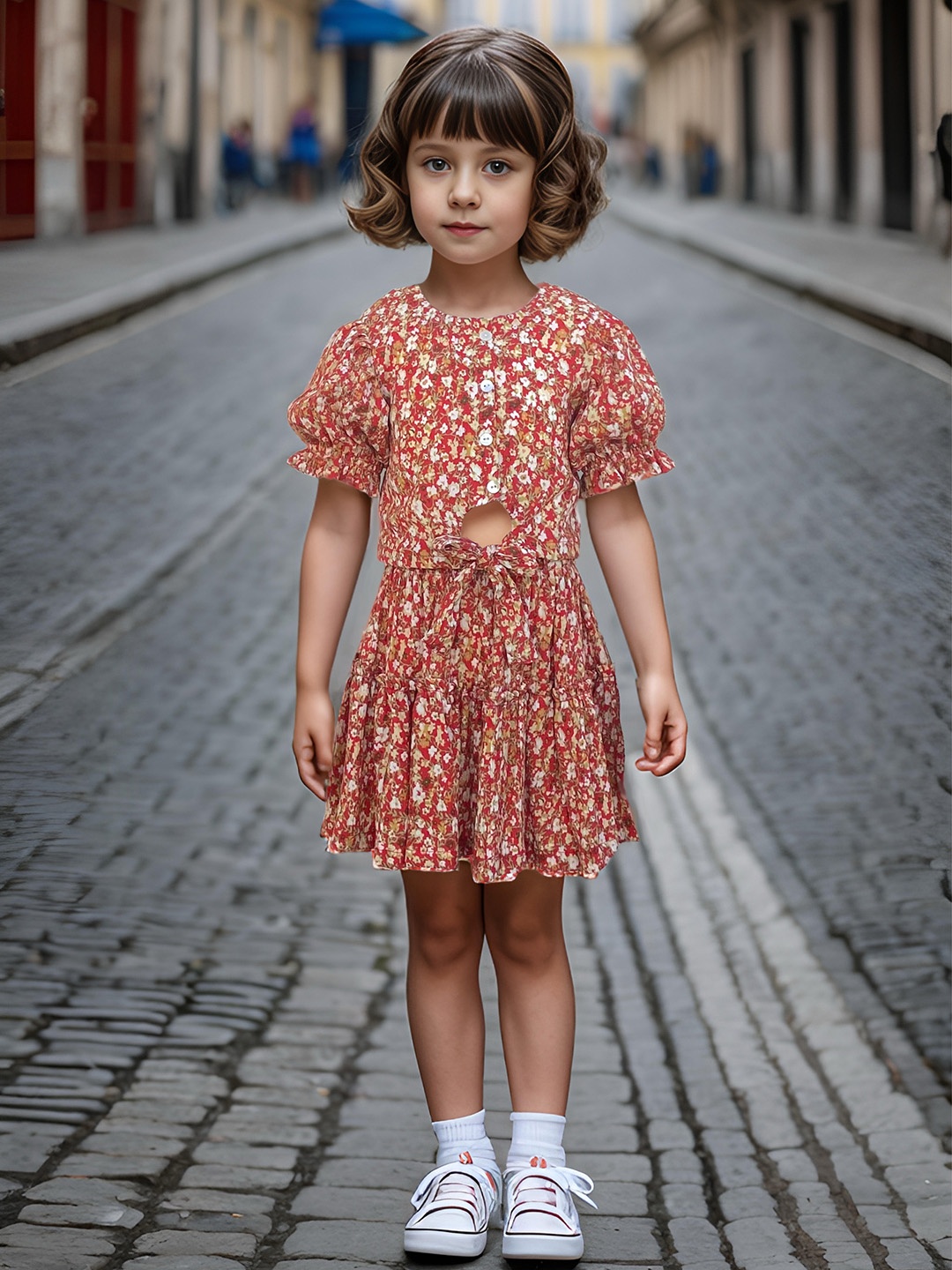 

Safehugs Girls Floral Printed Pure Cotton Top and Skirt, Red