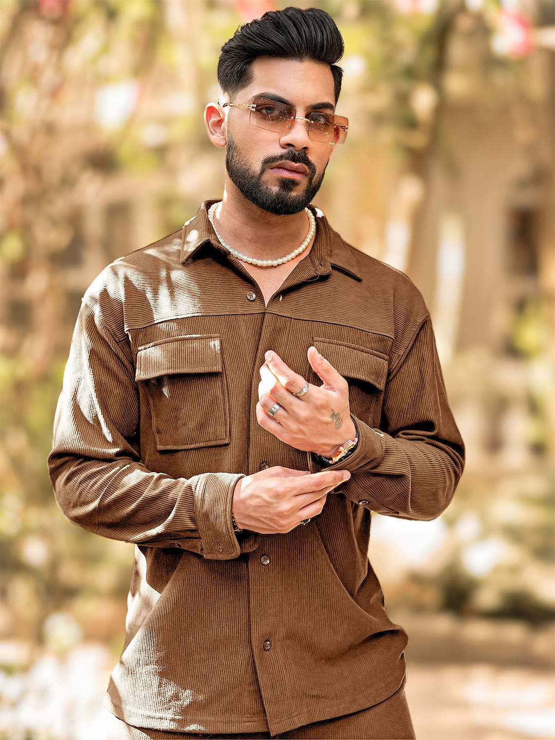 

Maniac Men Comfort Spread Collar Solid Oversized Casual Shirt, Brown