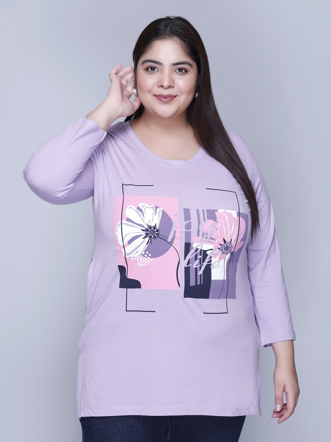 

IN Love Women Printed Plus Size Round Neck Cotton T-Shirt, Lavender