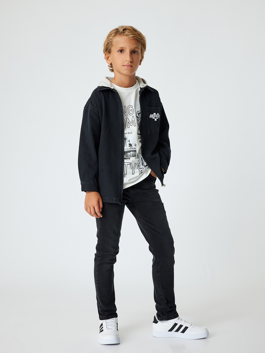 

Koton Boys Hooded Typography Printed Cotton Casual Bomber Jacket, Black