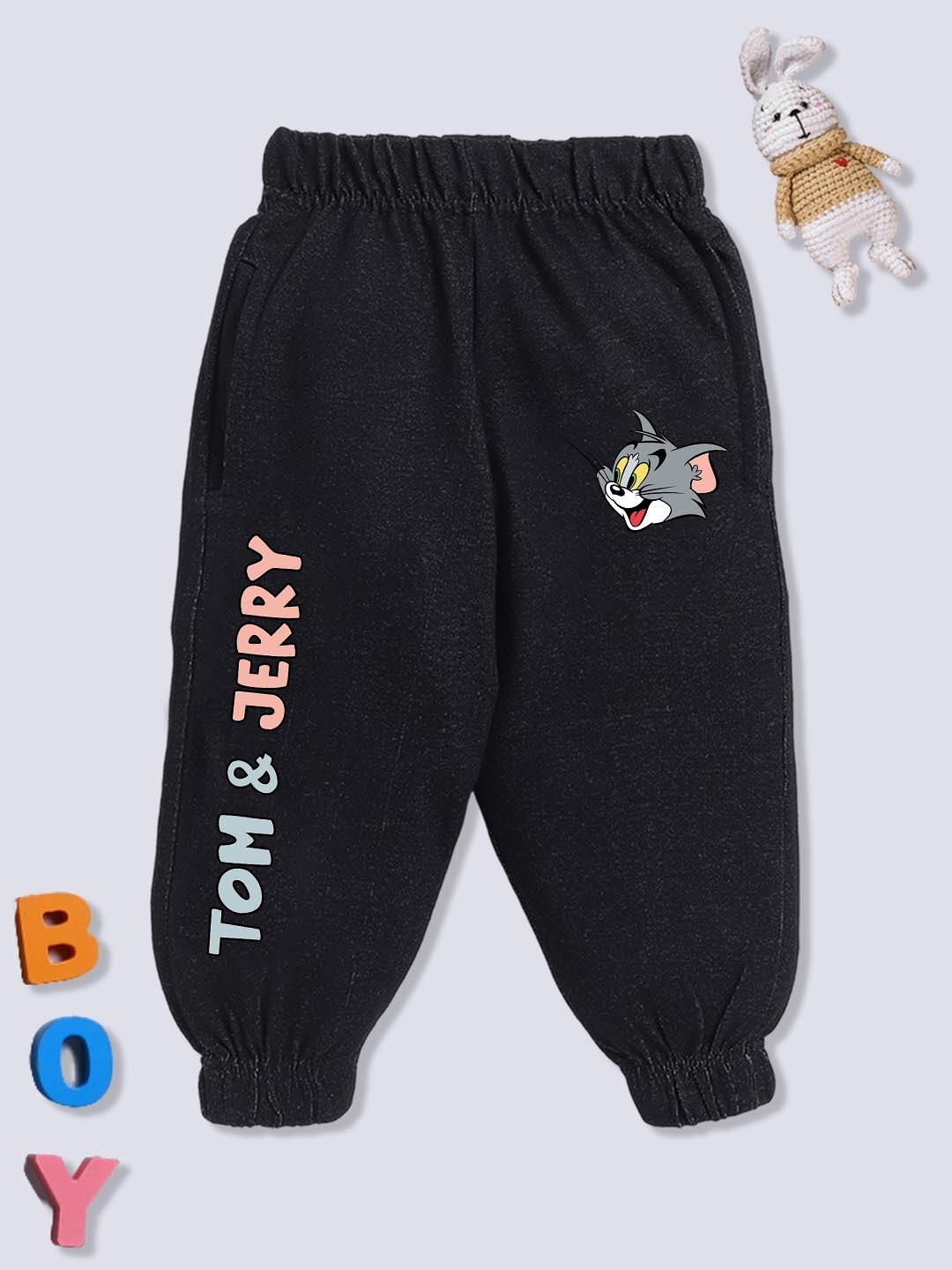 

YK X Minute Mirth Boys Tom & Jerry Printed Pure Cotton Joggers, Black