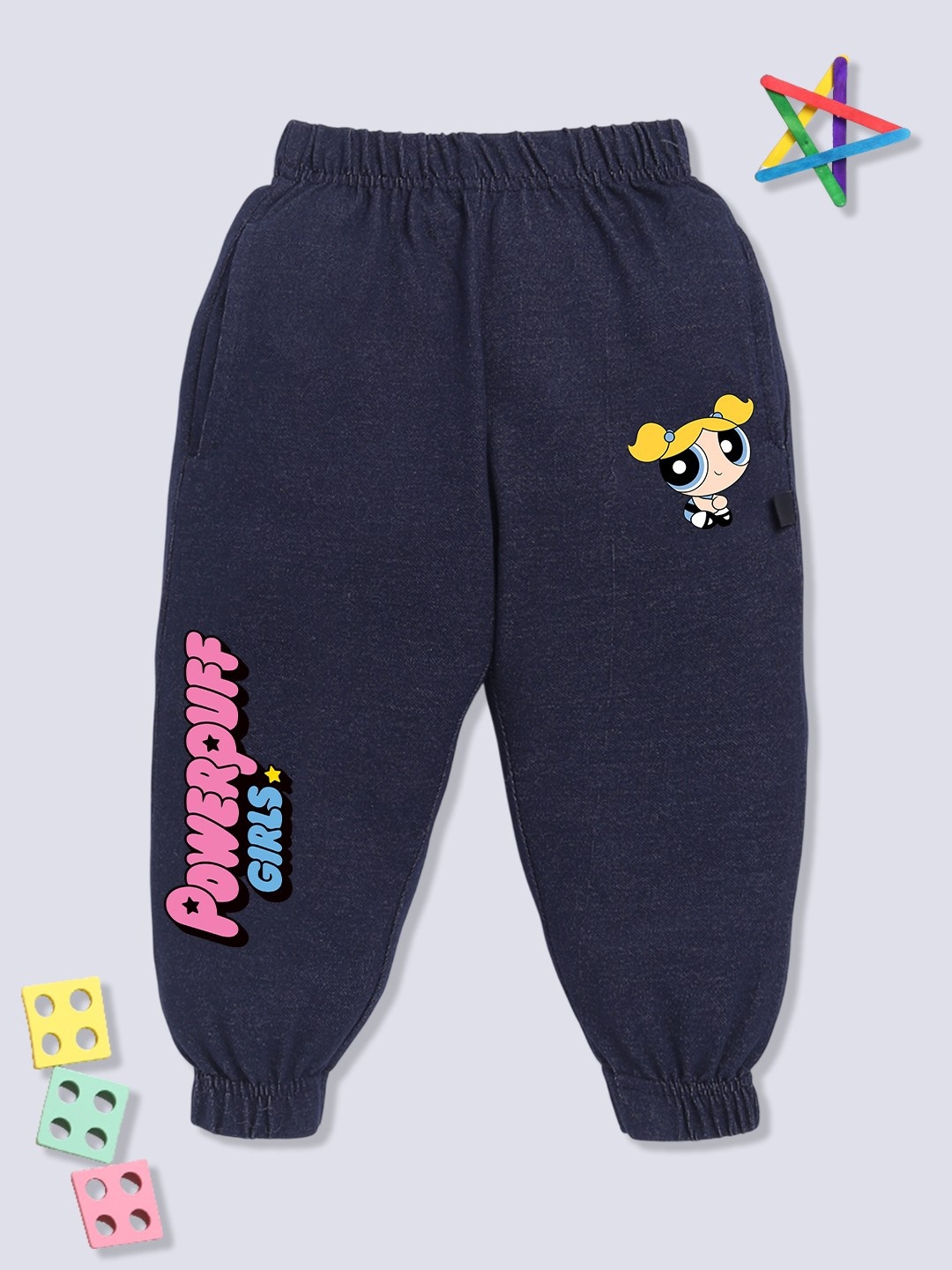 

YK X Minute Mirth Girls Powerpuff Girls Printed Pure Cotton Joggers, Navy blue