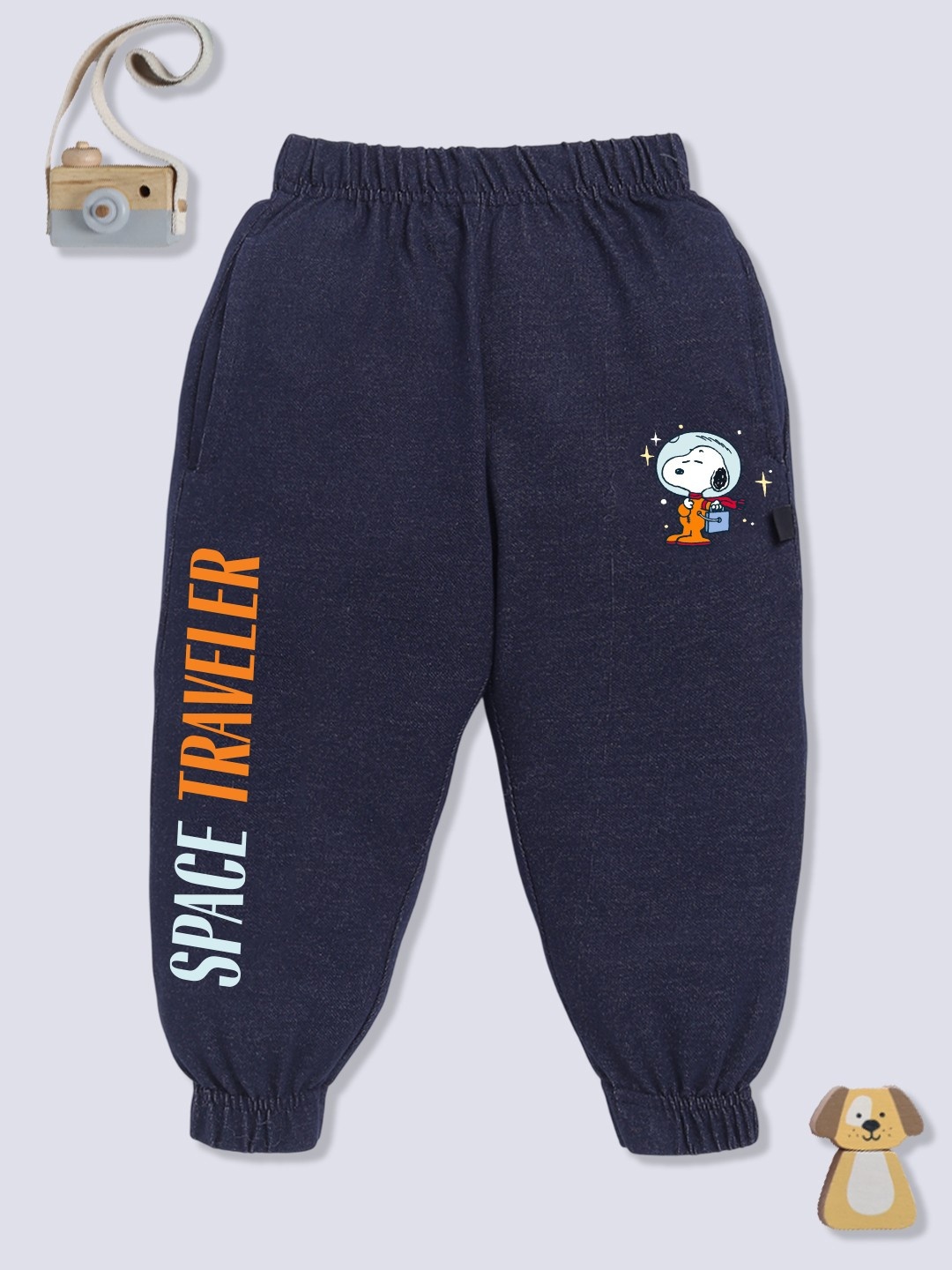 

YK X Minute Mirth Boys Snoopy Printed Pure Cotton Joggers, Navy blue