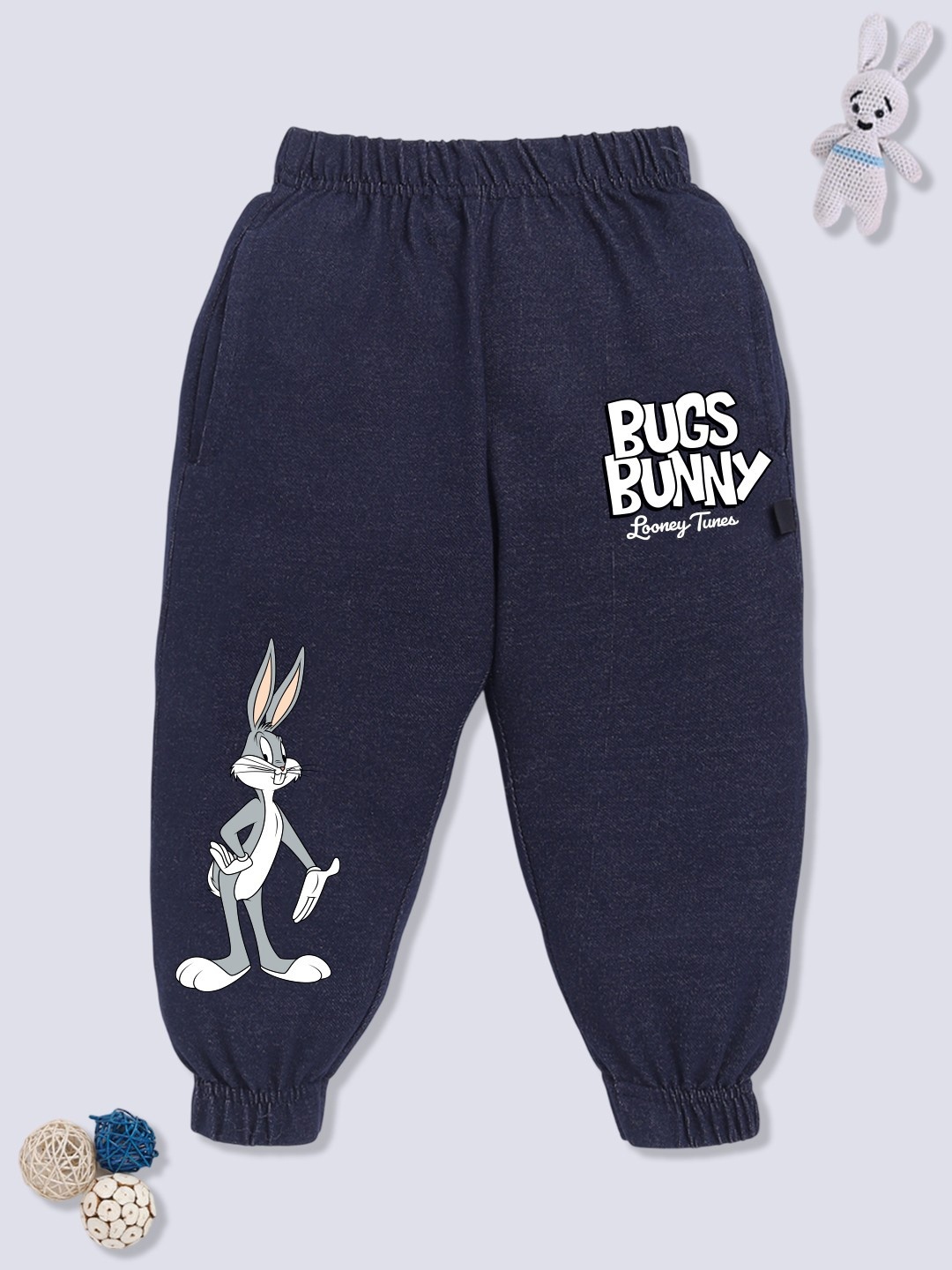 

YK X Minute Mirth Girls Bugs Bunny Printed Pure Cotton Joggers, Navy blue