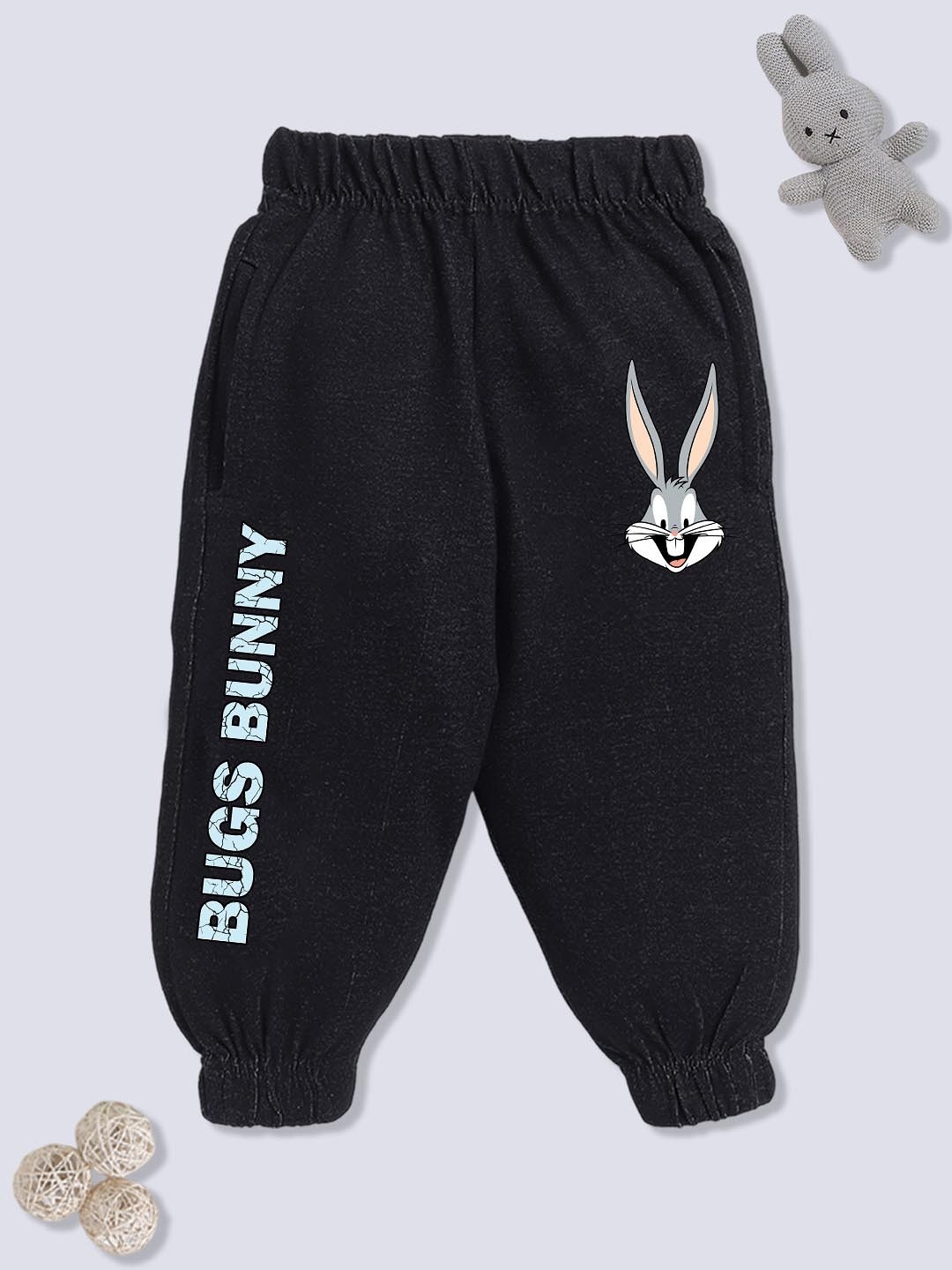 

YK X Minute Mirth Boys Bugs Bunny Printed Pure Cotton Joggers, Black