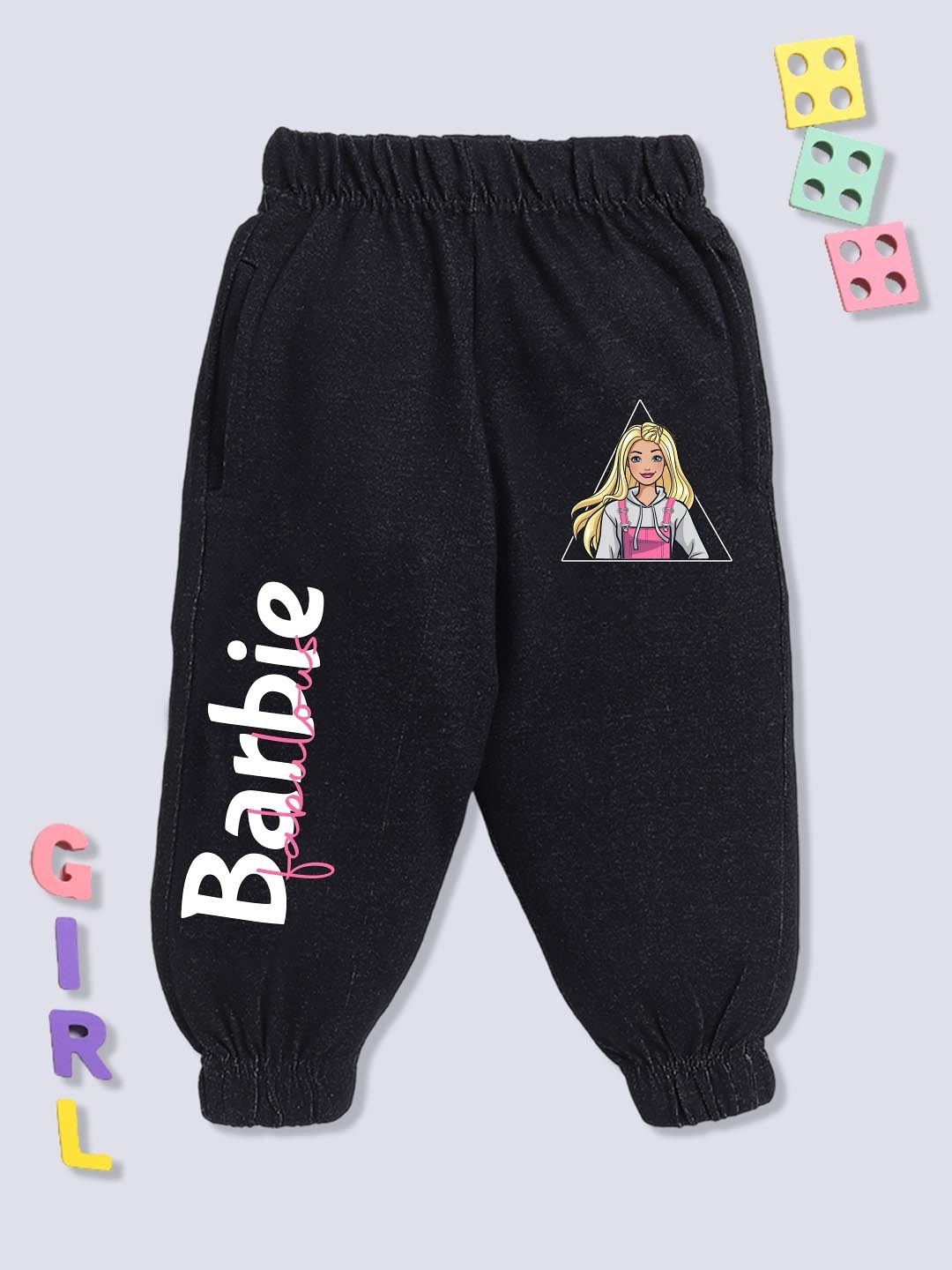 

YK X Minute Mirth Infant Girls Barbie Printed Pure Cotton Joggers, Black