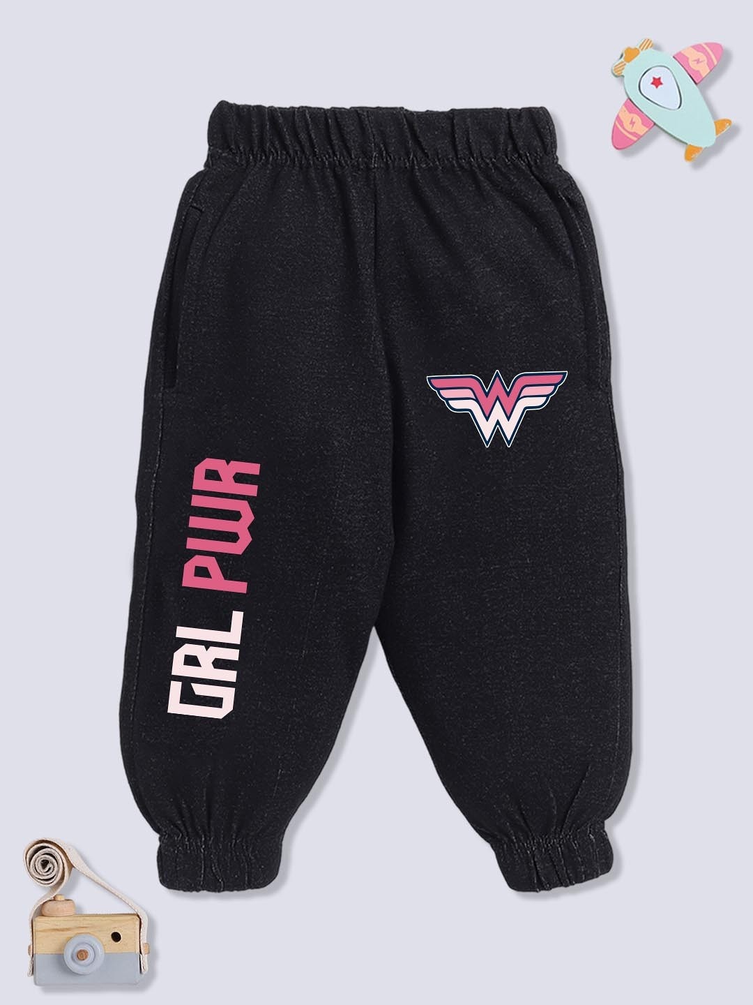 

YK X Minute Mirth Girls Wonder Woman Printed Pure Cotton Joggers, Black