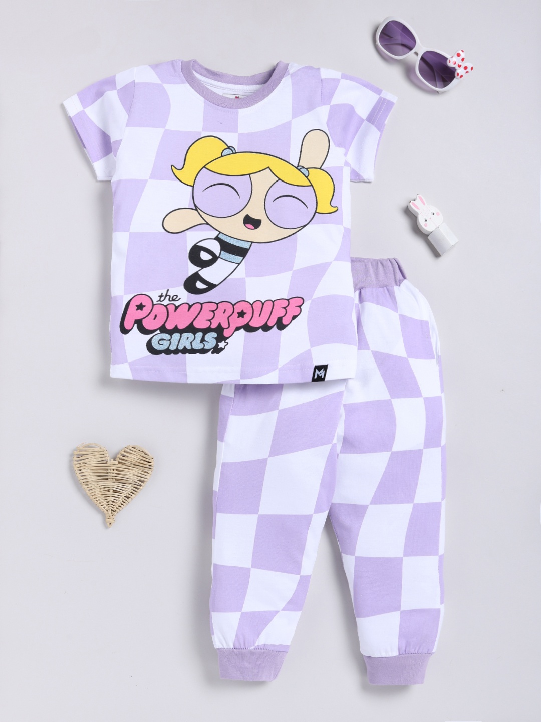 

YK X Minute Mirth Girls Pure Cotton Powerpuff Girls Printed T-shirt with Joggers, White