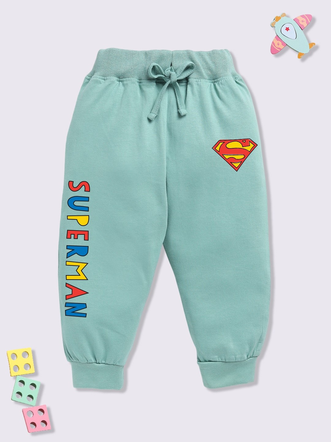 

YK X Minute Mirth Infant Boys Superman Printed Pure Cotton Joggers, Green