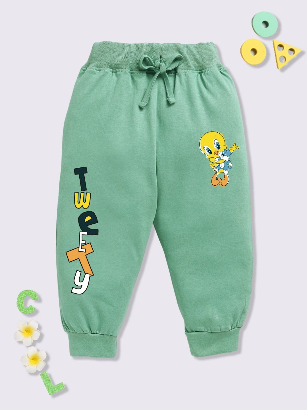 

YK X Minute Mirth Infant Girls Tweety Printed Pure Cotton Joggers, Green