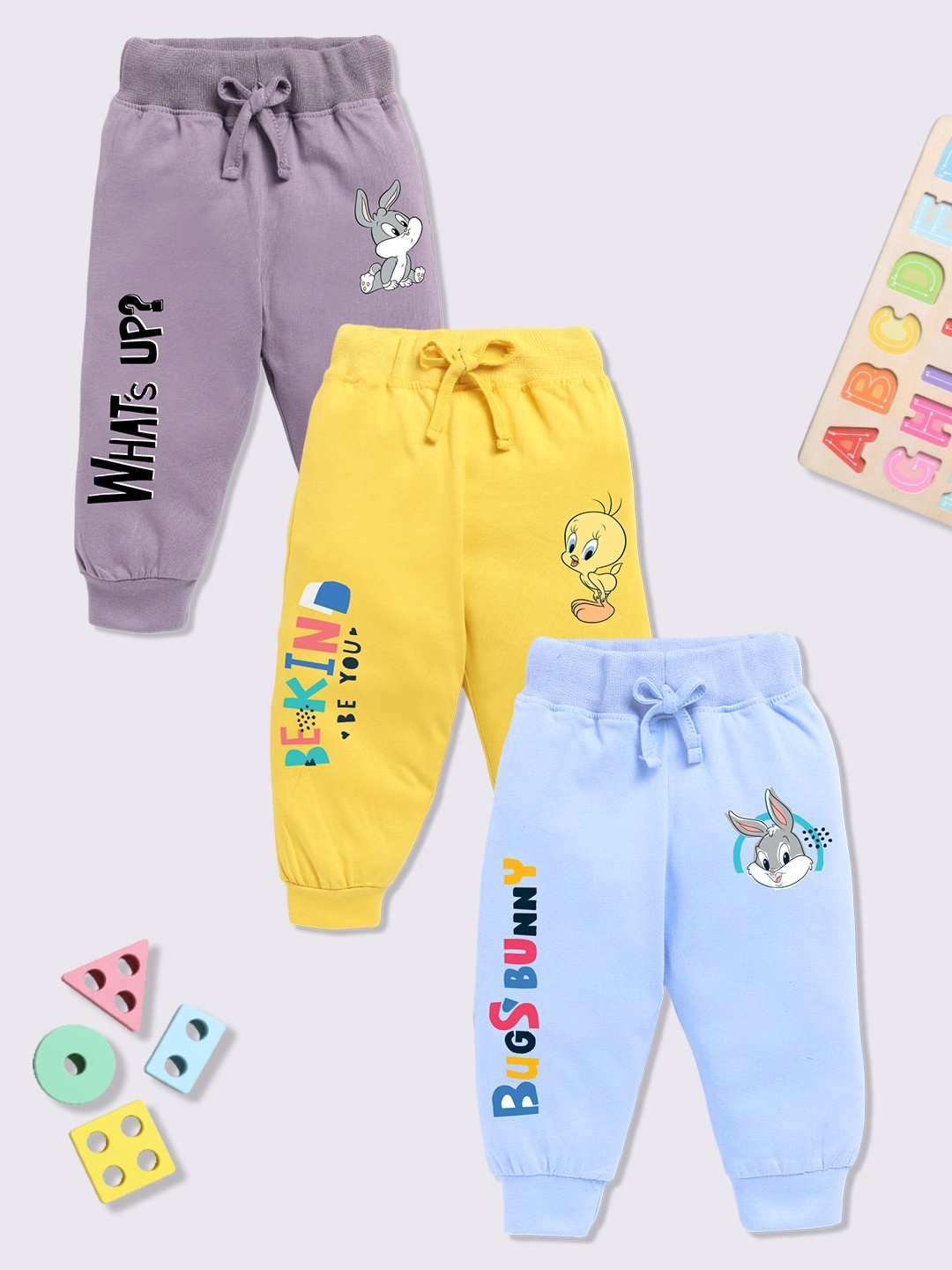 

YK X Minute Mirth Infant Girls Pack Of 3 Looney Tunes Printed Pure Cotton Joggers, Assorted
