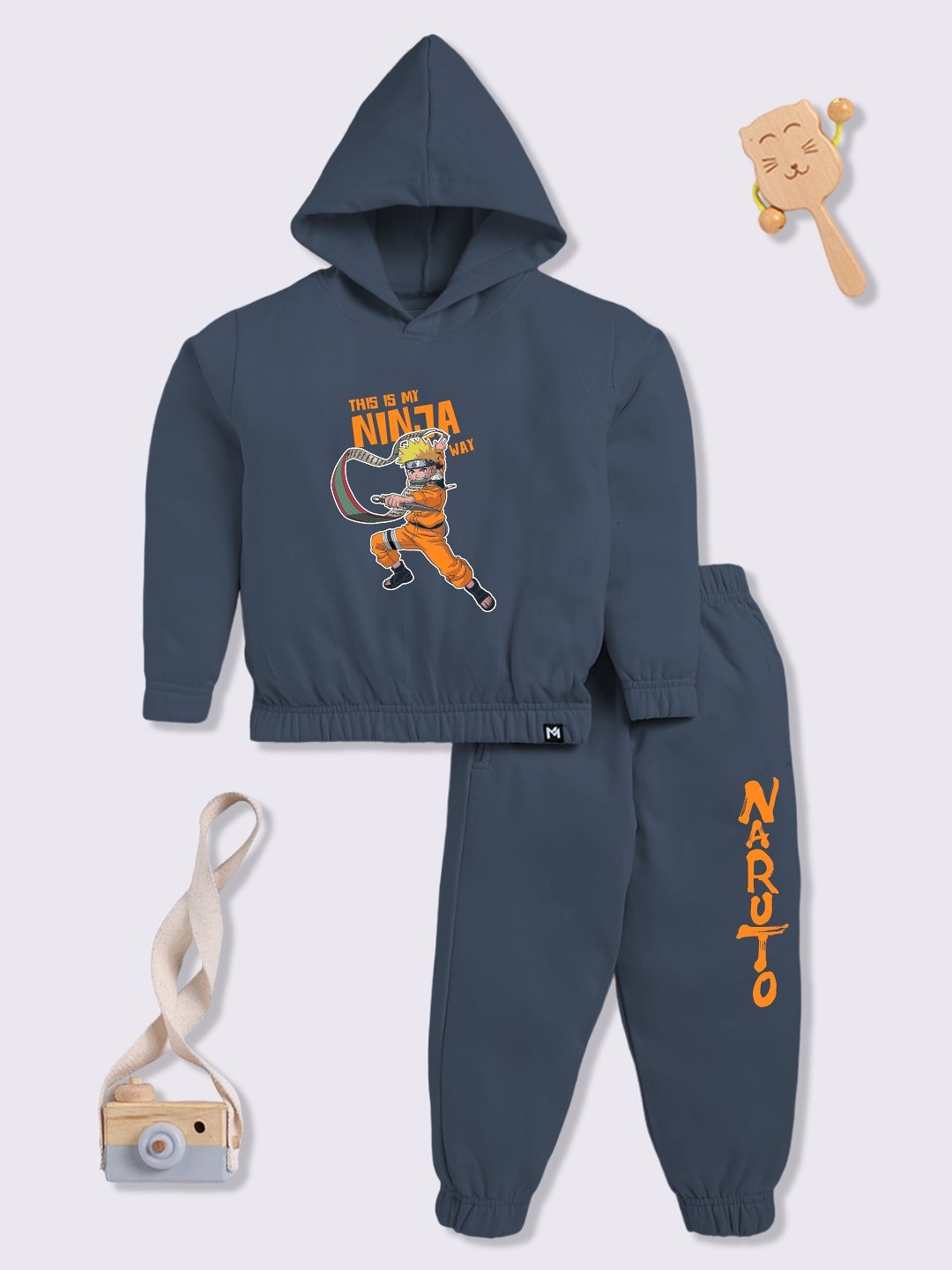 

YK X Minute Mirth Girls Naruto Printed Fleece Sweatshirt with Joggers, Charcoal