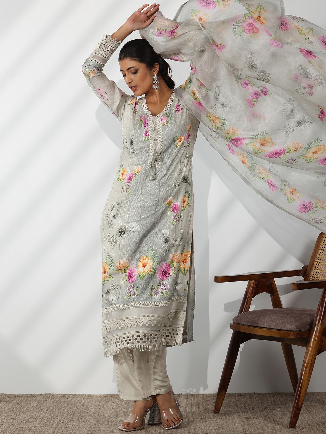 

Libas Floral Printed V-Neck Thread Work Kurta With Trousers & Dupatta, Grey