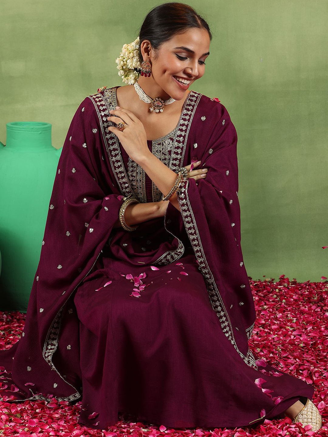 

Libas Floral Embroidered Zari Anarkali Kurta With Trousers & Dupatta, Maroon