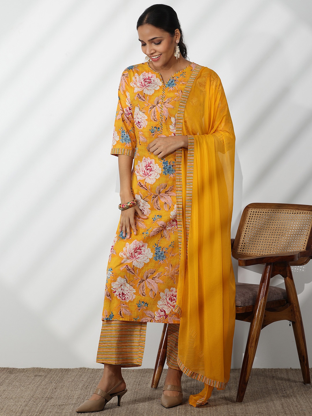 

Libas Floral Printed Pure Cotton Straight Kurta With Palazzos & Dupatta, Mustard