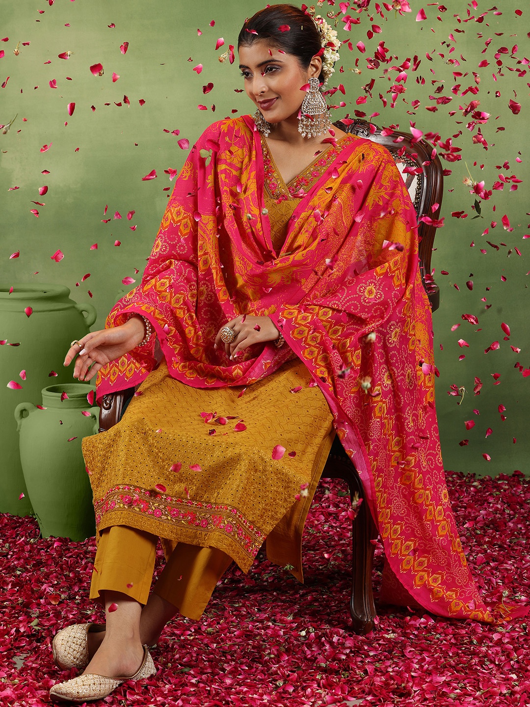 

Libas Mustrad Yellow Floral Embroidered Schiffli Cotton Kurta With Trousers & Dupatta, Mustard